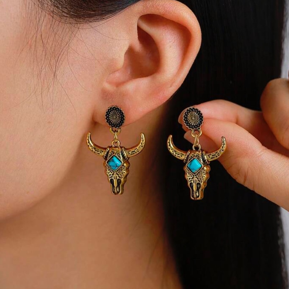Western Golden Turquoise Bull Longhorn Pendant Earrings